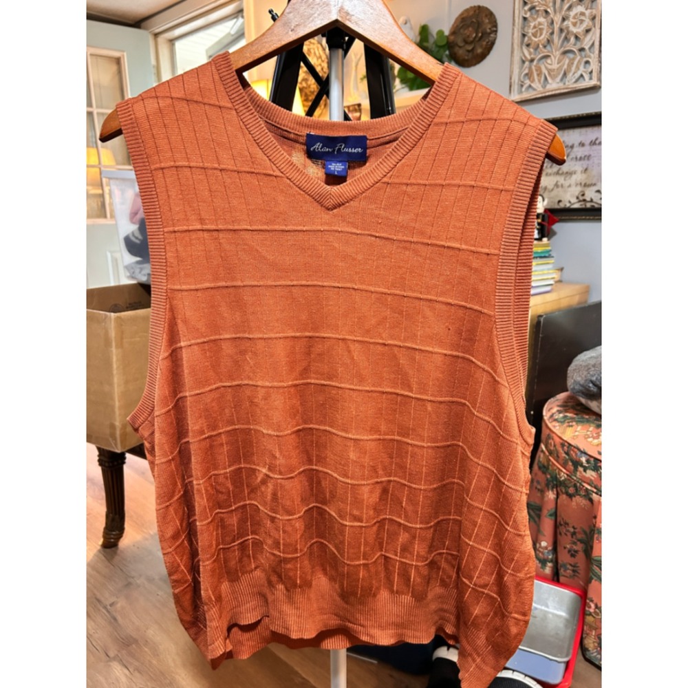 Alan Flusser Mens Burnt Orange Silk Knit V Neck Sleeveless Sweater Vest Size L